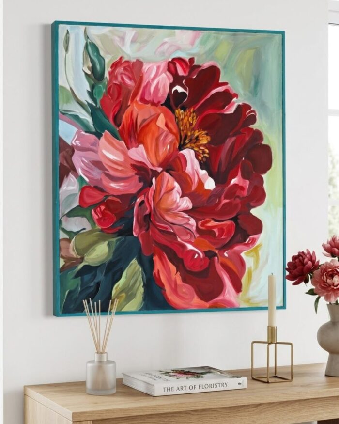 Hand Painted Crimson Bloom Large Scale Peony Canvas Wall Art - Image 1