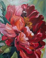 Hand Painted Crimson Bloom Large Scale Peony Canvas Wall Art - Image 3