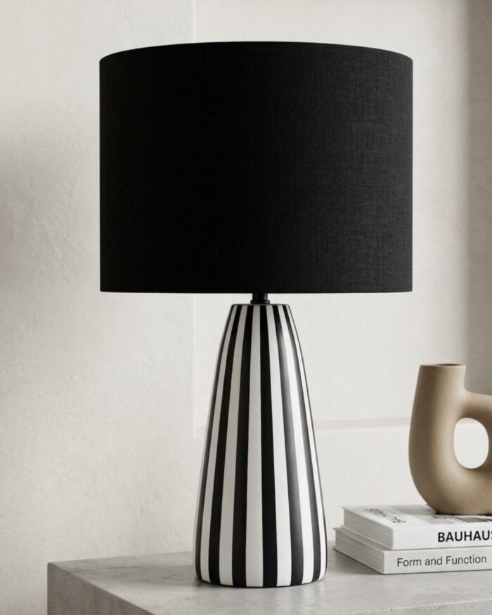 Hand painted Striped Black and White Pottery Table Lamp - Image 2