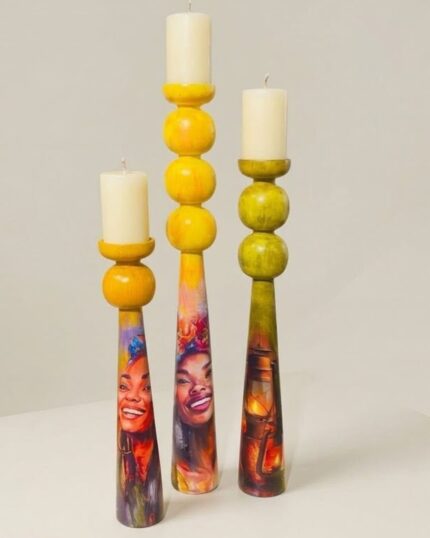 The Folkloric Sol  Hand painted wooden Candle Holders ( set of 3)