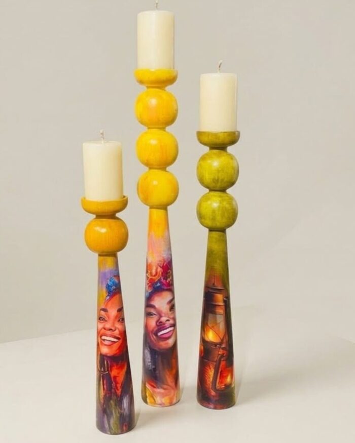 The Folkloric Sol  Hand painted wooden Candle Holders ( set of 3) - Image 1