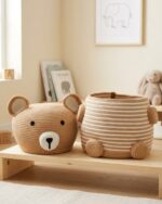 Bear-Shaped Woven Cotton Rope Storage Basket with Lid - Image 2