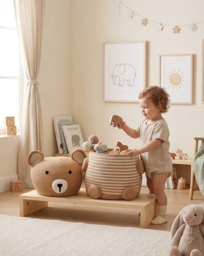 Bear-Shaped Woven Cotton Rope Storage Basket with Lid - Image 4
