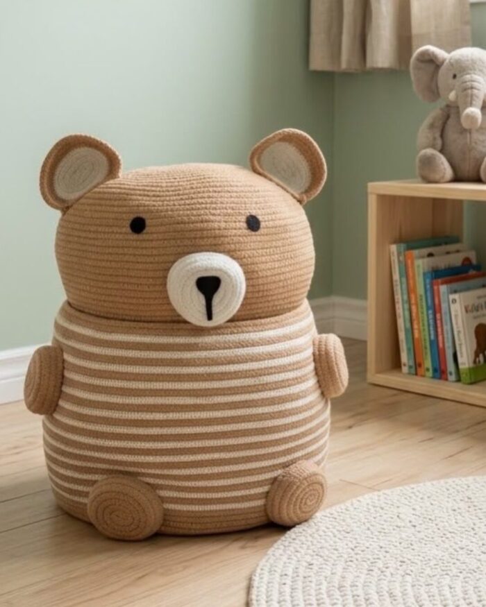Bear-Shaped Woven Cotton Rope Storage Basket with Lid - Image 5