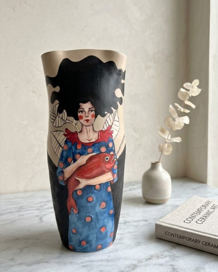 Hand-Painted Woman and Crimson Fish Pottery Vase - Image 1