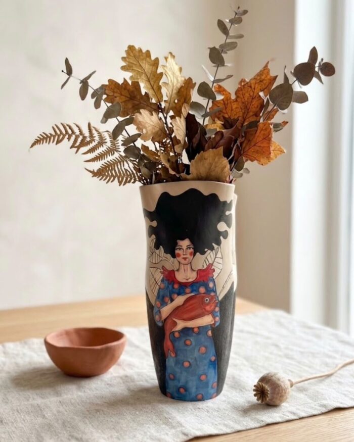 Hand-Painted Woman and Crimson Fish Pottery Vase - Image 2