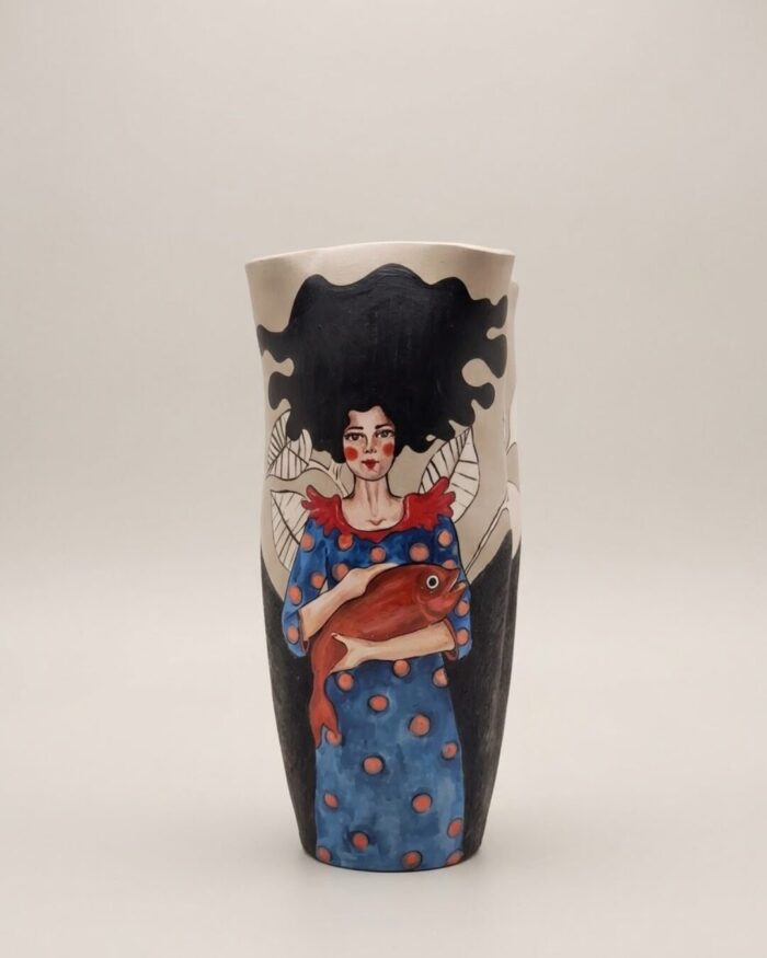 Hand-Painted Woman and Crimson Fish Pottery Vase - Image 3