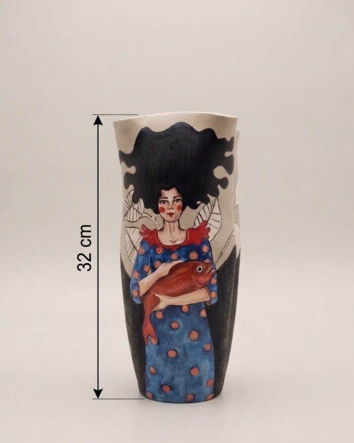 Hand-Painted Woman and Crimson Fish Pottery Vase - Image 4