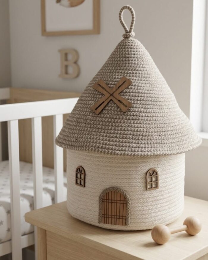 Whimsical Cottage Handwoven Cotton Rope Storage Basket - Image 1