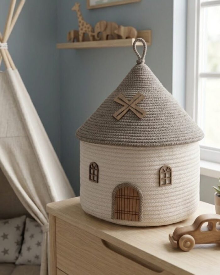 Whimsical Cottage Handwoven Cotton Rope Storage Basket - Image 3