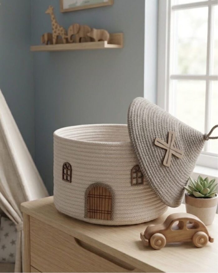 Whimsical Cottage Handwoven Cotton Rope Storage Basket - Image 4