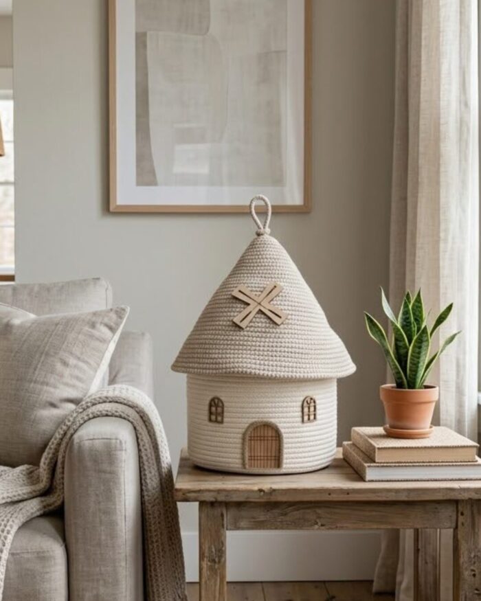 Whimsical Cottage Handwoven Cotton Rope Storage Basket - Image 6