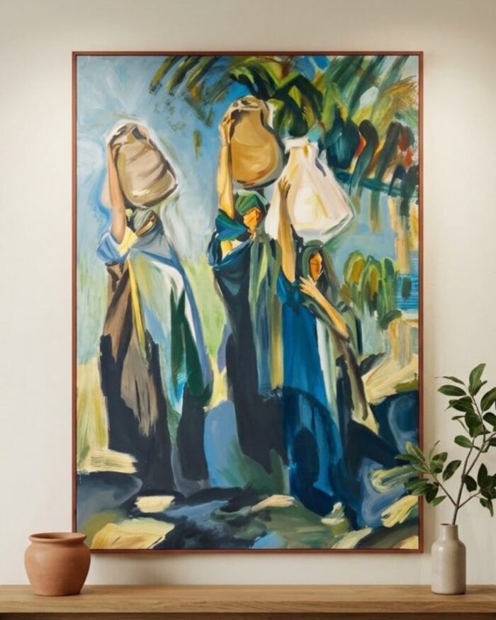 Hand-Painted  Water Gatherers framed Acrylic wall Painting - Image 2