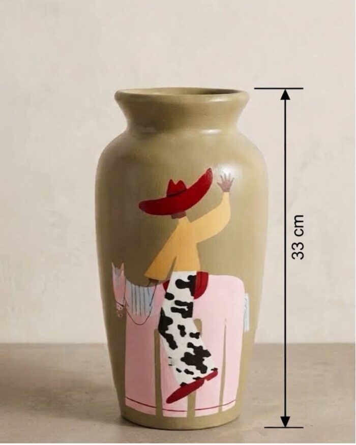 Mexican Cowgirl Hand-Painted Earthenware Vase - Image 3