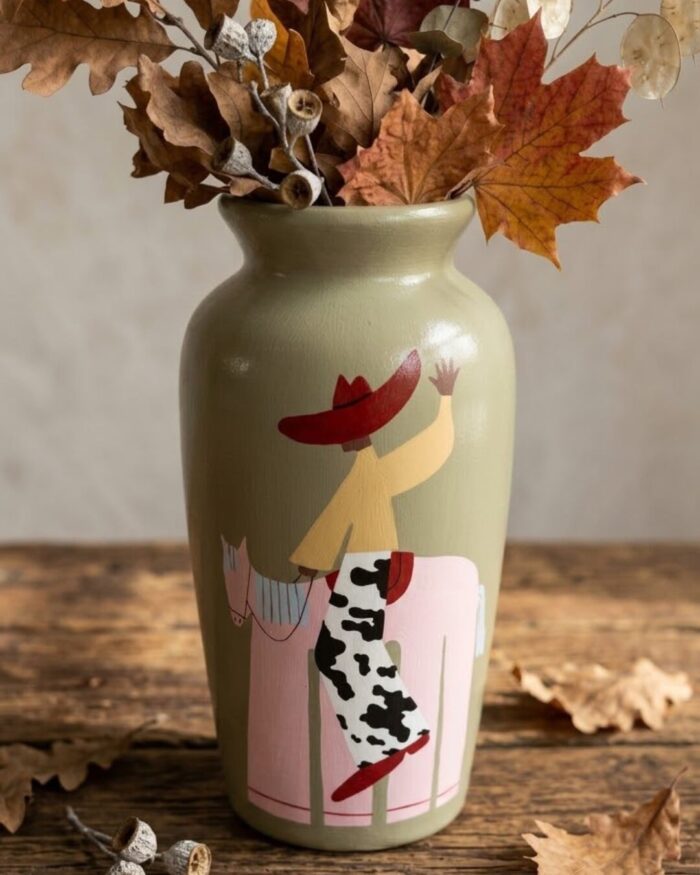 Mexican Cowgirl Hand-Painted Earthenware Vase - Image 2