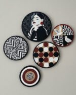 Symphony in Crimson Round wooden wall Art ( Set of 5)