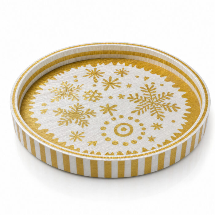 Gold Snowflakes on White round tray Ø35 cm on a white background