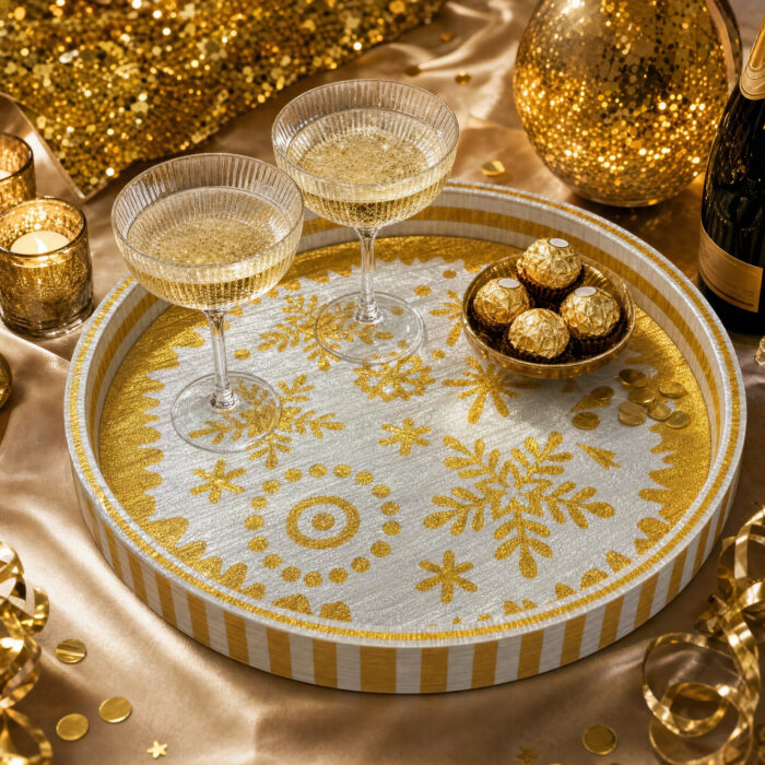 Gold Snowflakes on White round tray in a styled home setting