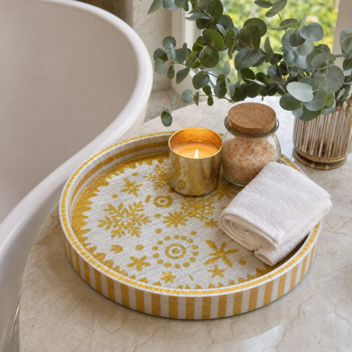 Gold Snowflakes on White round tray as home décor