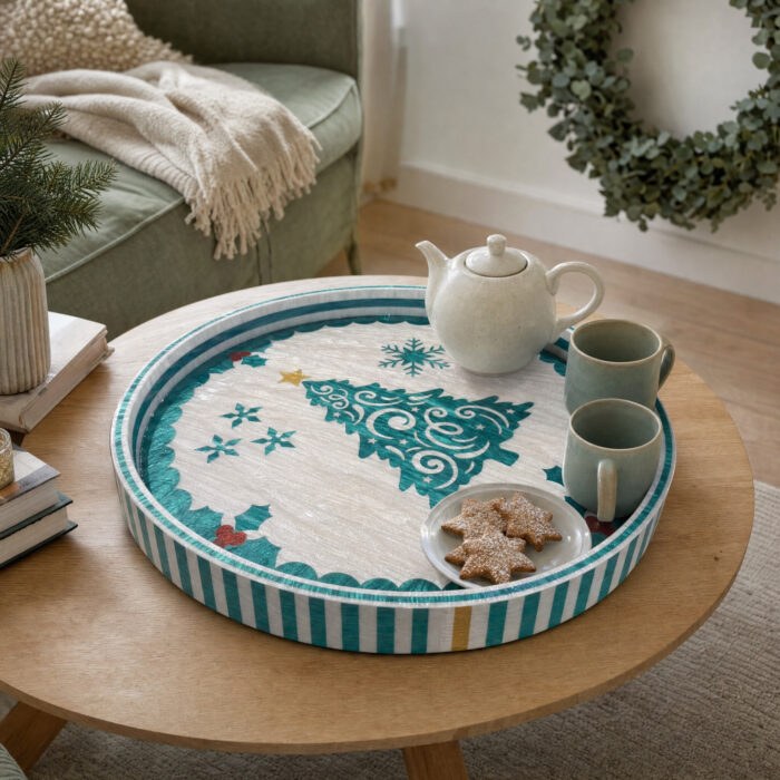 Green Christmas Tree on White round tray in a styled home setting