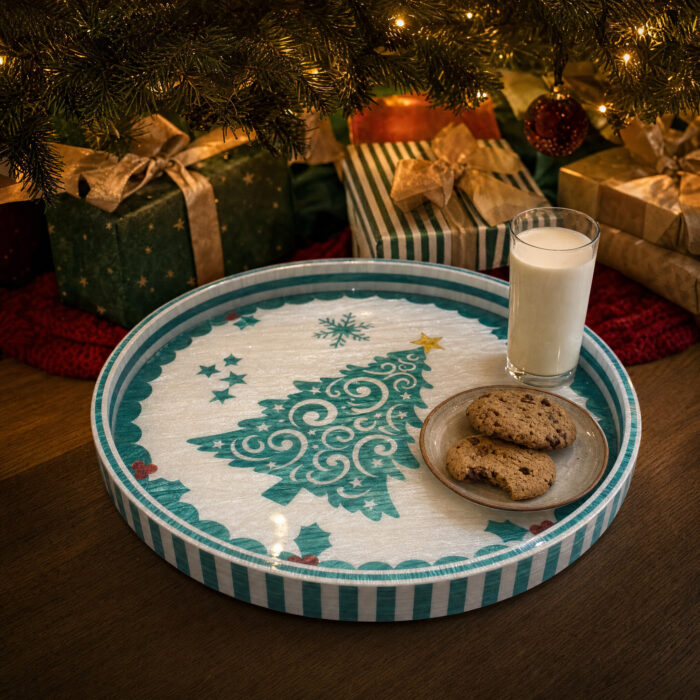 Green Christmas Tree on White round tray as home décor
