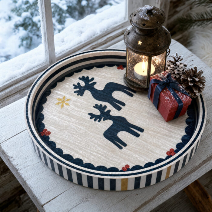 Navy Reindeer round tray used for serving at home