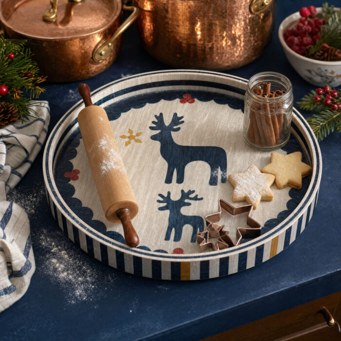 Navy Reindeer round tray as home décor