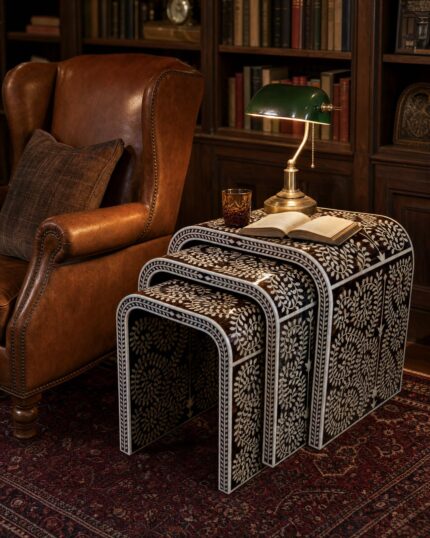 Handmade pearl inlay waterfall nesting tables, set of 3 – brown library