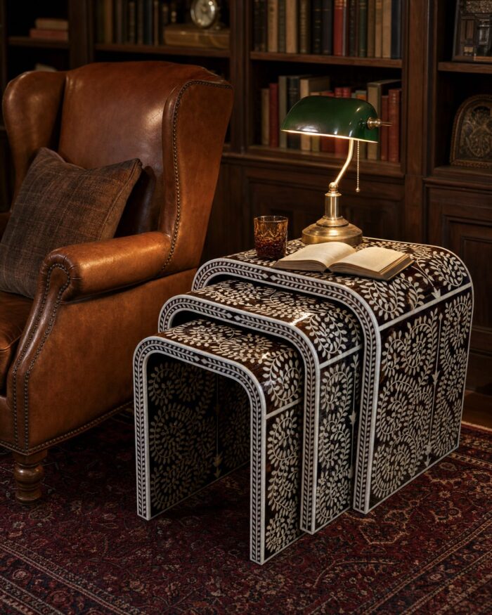 Handmade pearl inlay waterfall nesting tables, set of 3 – brown library