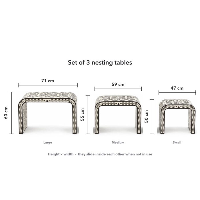 Handmade pearl inlay waterfall nesting tables, set of 3 – dimensions