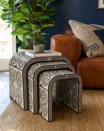 Handmade pearl inlay waterfall nesting tables, set of 3 – white living room