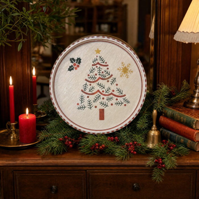 Pine Branch Christmas Tree round tray as home décor