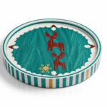 Red Reindeer on Teal round tray Ø45 cm on a white background