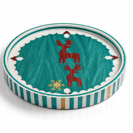 Red Reindeer on Teal round tray Ø45 cm on a white background