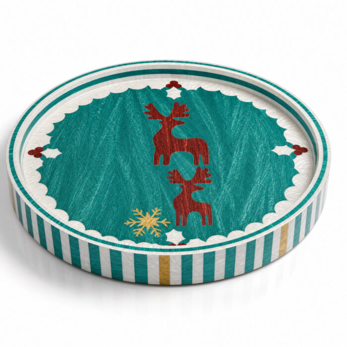 Red Reindeer on Teal round tray Ø45 cm on a white background