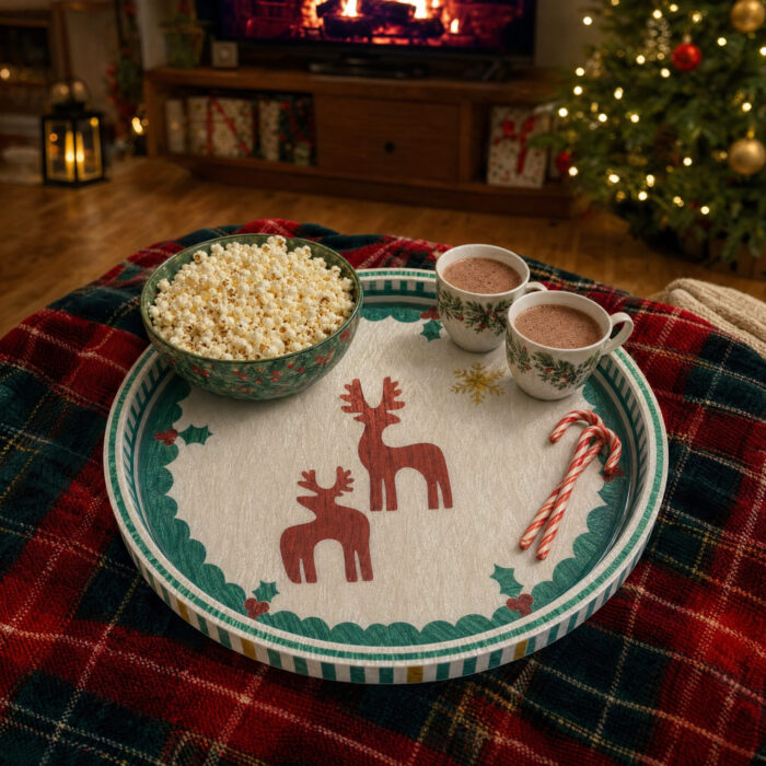 Red Reindeer on White round tray in a styled home setting