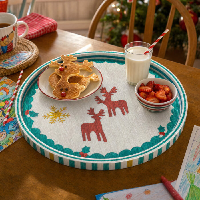 Red Reindeer on White round tray used for serving at home