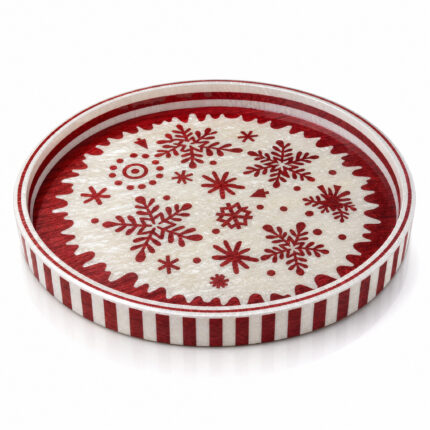 Red Snowflakes on White round tray Ø45 cm on a white background