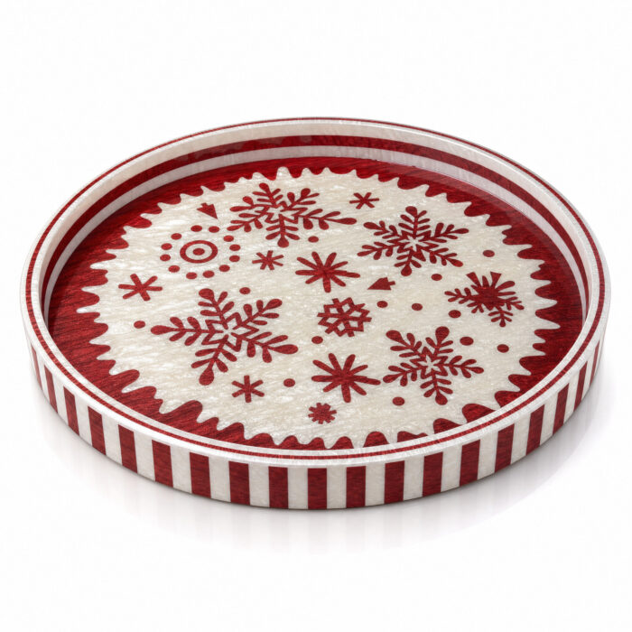 Red Snowflakes on White round tray Ø45 cm on a white background