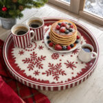 Red Snowflakes on White round tray in a styled home setting
