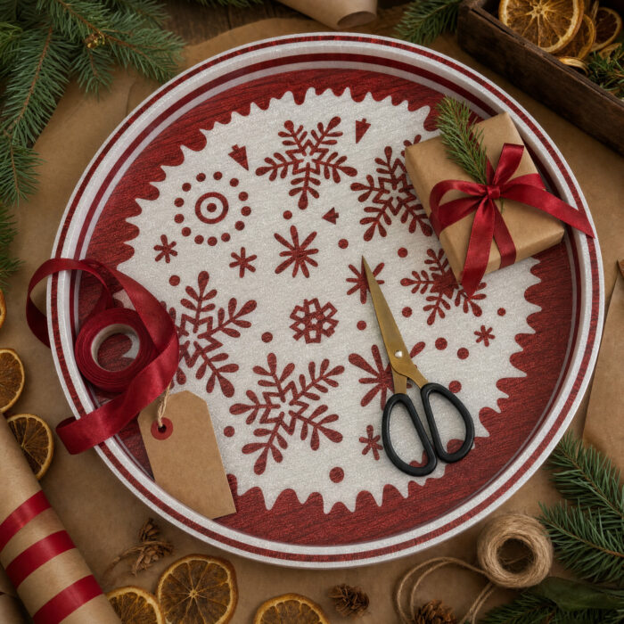Red Snowflakes on White round tray used for serving at home