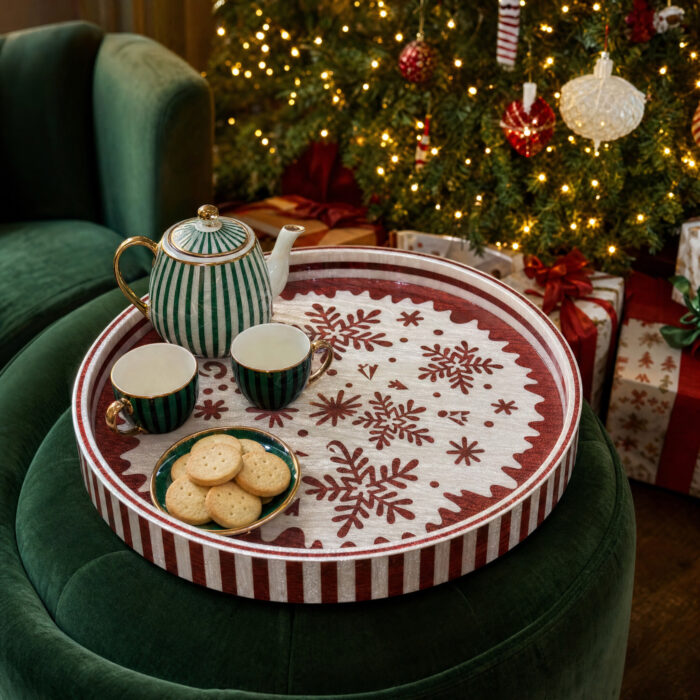 Red Snowflakes on White round tray as home décor