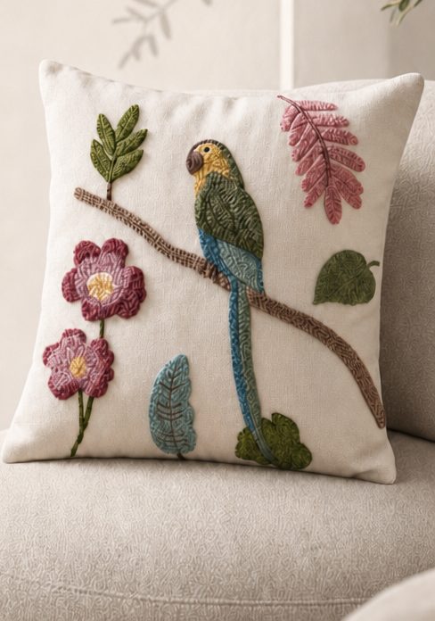 Hand-embroidered parrot cushion from Coccaro Home