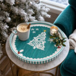 White Christmas Tree on Teal round tray in a styled home setting