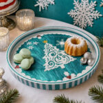 White Christmas Tree on Teal round tray used for serving at home