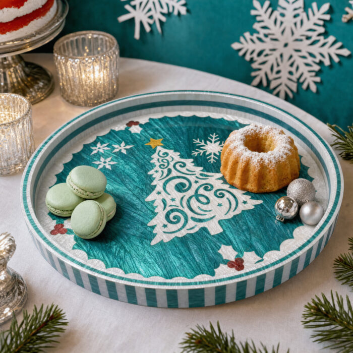 White Christmas Tree on Teal round tray used for serving at home