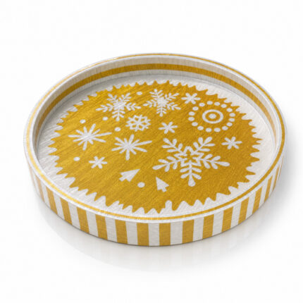 White Snowflakes on Gold round tray Ø35 cm on a white background