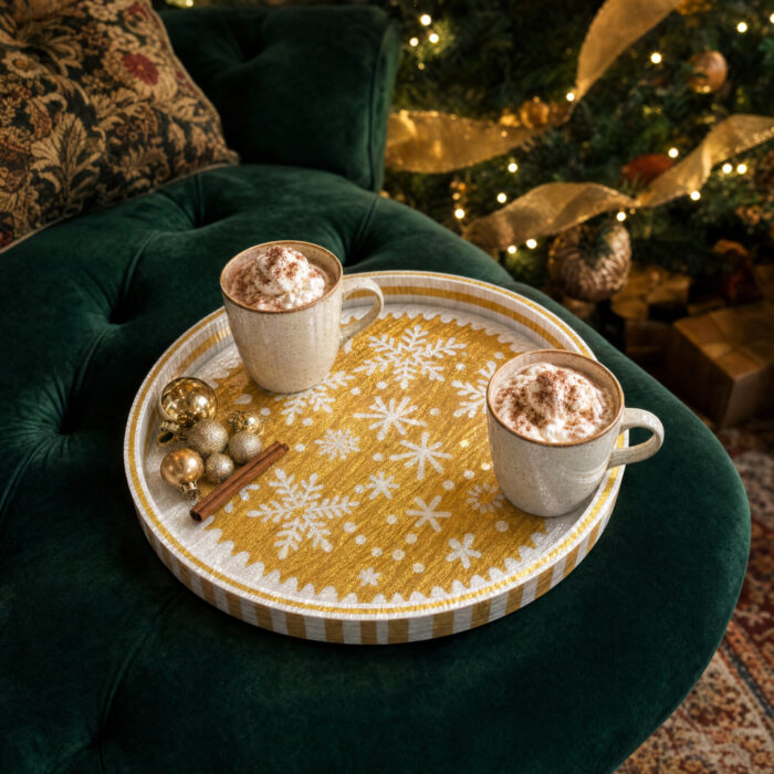 White Snowflakes on Gold round tray in a styled home setting