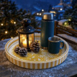 White Snowflakes on Gold round tray as home décor