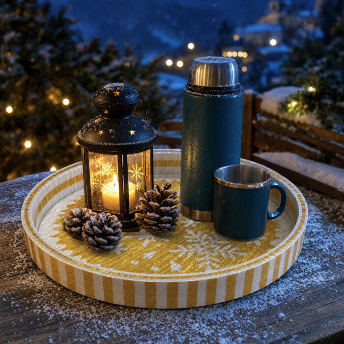 White Snowflakes on Gold round tray as home décor